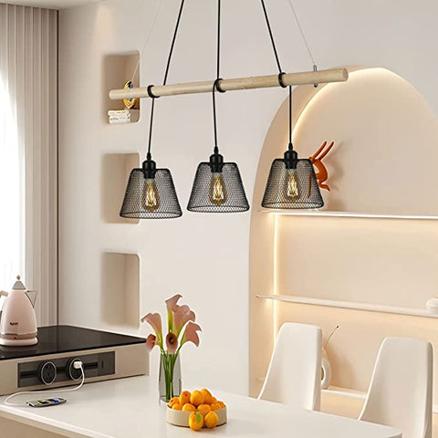 3 lampy Vintage przemysłowa lampa wisząca, żyrandol z drewna splotowego wiszący z wzornictwem przemysłowym, przemysłowy żyrandol do salonu z gniazdem E27, stalowa lampa wisząca do jadalni