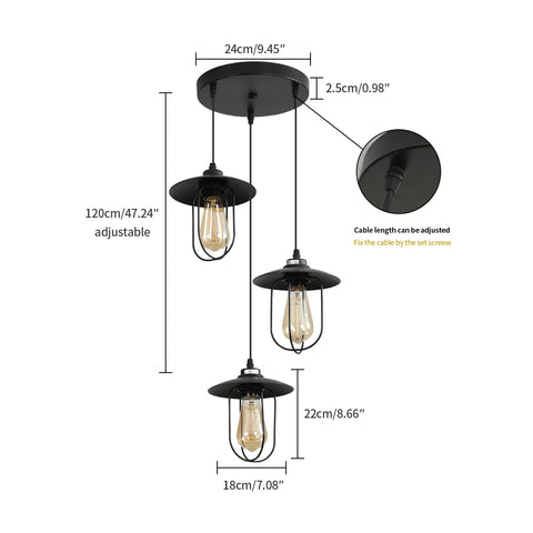 Żyrandol przemysłowy, lampa wisząca z 3 płomieniami w stylu vintage o industrialnym wzorze, lampa wisząca retro z 3 metalowymi klatkami, kolor: czarny, gniazdo: E27, 3 światła