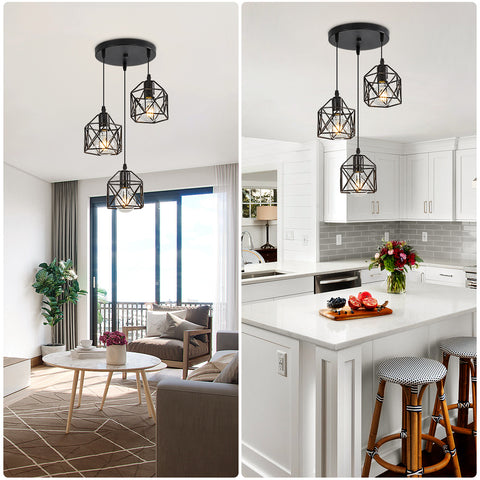 Czarna lampa wisząca w stylu vintage, metalowa czarna klatka w stylu vintage, lampa sufitowa przemysłowa, 3 lampy E26 (żarówka nie jest dołączona)