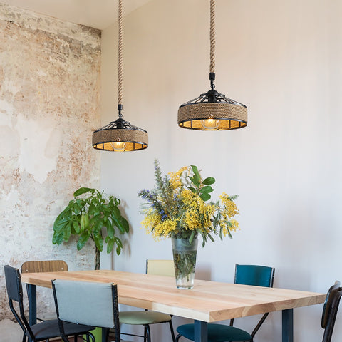 Żyrandol ze sznurka konopnego GOECO, retro czarna metalowa lampa wisząca, wiejskie żyrandole wiszące, lampa sufitowa do przedpokoju E27 Oprawa oświetleniowa do salonu Sypialnia udekoruj dom 220V