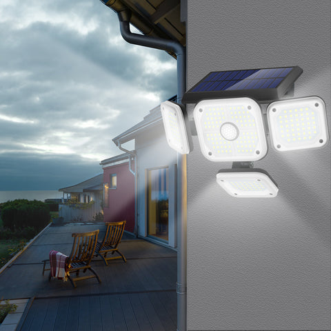 Zewnętrzna lampa solarna Detektor ruchu, 4 głowice 231 LED Zewnętrzna lampa słoneczna z pilotem IP65 Wodoodporne słoneczne oświetlenie zewnętrzne 3 tryby punktowe Projektor solarny LED Ogród Zimna biel