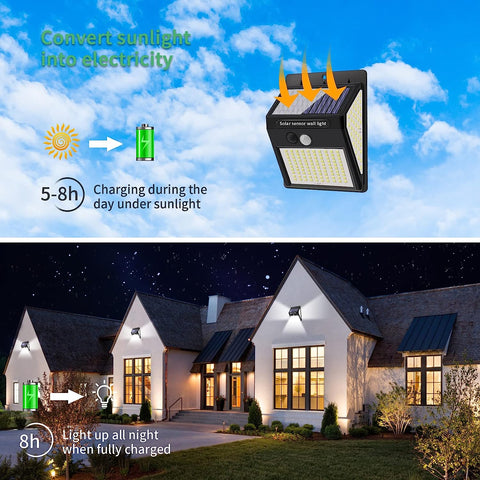 4 szt. Lampa ścienna na energię słoneczną na zewnątrz 220 LED czujnik ruchu kinkiet LED na dziedziniec ogród korytarz taras blisko ściany ścieżka Patio willa