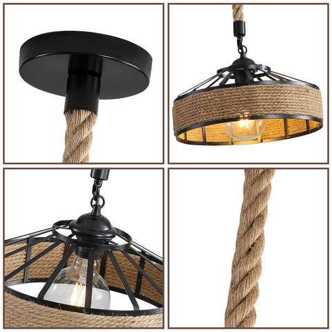 Żyrandol ze sznurka konopnego GOECO, retro czarna metalowa lampa wisząca, wiejskie żyrandole wiszące, lampa sufitowa do przedpokoju E27 Oprawa oświetleniowa do salonu Sypialnia udekoruj dom 220V