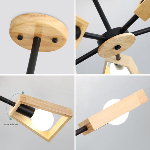 Drewniana lampa wisząca, żyrandol do salonu Oprawa oświetleniowa do oświetlenia wnętrz, drewno Pięć świateł Geometryczne lampy wiszące na 5 żarówek E27 (bez żarówki)