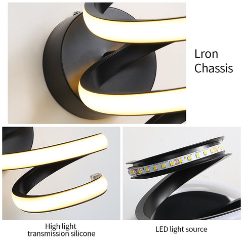 Kinkiet Led 21W Czarna spirala Prosta nowoczesna kreatywność Aluminiowa metalowa kinkiet 3000K Wewnętrzna kinkiet Nadaje się do sypialni, korytarza, salonu, baru