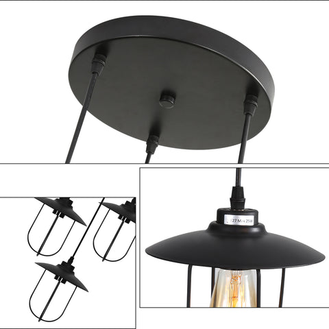 Żyrandol przemysłowy, lampa wisząca z 3 płomieniami w stylu vintage o industrialnym wzorze, lampa wisząca retro z 3 metalowymi klatkami, kolor: czarny, gniazdo: E27, 3 światła