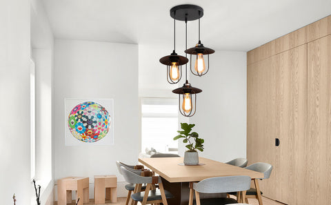 Żyrandol przemysłowy, lampa wisząca z 3 płomieniami w stylu vintage o industrialnym wzorze, lampa wisząca retro z 3 metalowymi klatkami, kolor: czarny, gniazdo: E27, 3 światła