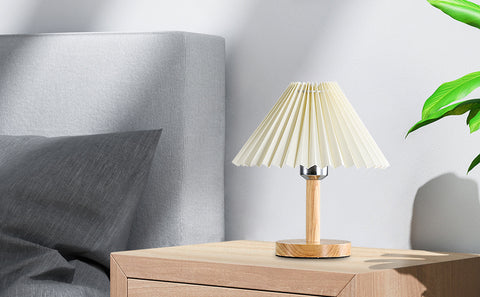 Lampa biurkowa, drewniana plisowana lampa stołowa E27, mini kreatywne oświetlenie nastrojowe do sypialni