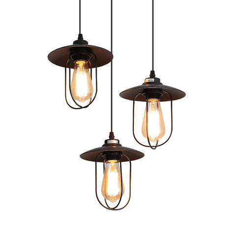 Żyrandol przemysłowy, lampa wisząca z 3 płomieniami w stylu vintage o industrialnym wzorze, lampa wisząca retro z 3 metalowymi klatkami, kolor: czarny, gniazdo: E27, 3 światła