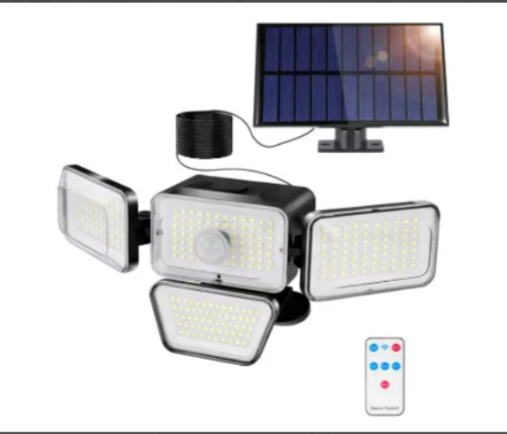 Zewnętrzna lampa solarna z czujnikiem ruchu, zewnętrzna lampa słoneczna 4 głowice 278 LED IP65 Wodoodporny zewnętrzny reflektor solarny z pilotem 3 tryby Solarny reflektor LED do ogrodu